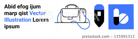 Healthcare services, medical supplies, pharmaceuticals, diagnosis tools, branding, education. Medical bag, IV drip and pills next to design elements. Healthcare services and medical supplies concept Healthcare services, medical supplies, pharmaceuticals, diagnosis tools, branding, education. Medical bag, IV drip and pills next to design elements. Healthcare services and medical supplies concept 135991315