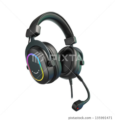 Premium wired gaming headphones with colorful RGB ring, smiley face, USB controller, and mic. Modern black design Premium wired gaming headphones with colorful RGB ring, smiley face, USB controller, and mic. Modern black design 135991471