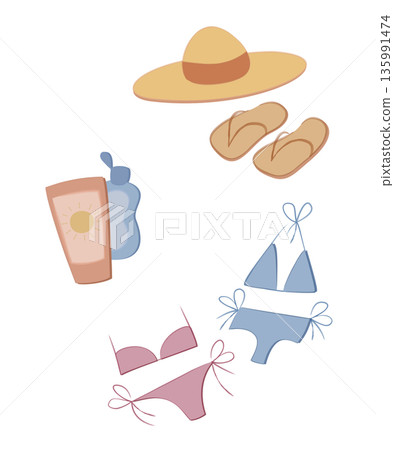 Vector icons of beach essentials, bikinis, hat, flip flops, sunscreen. Ideal for summer designs and travel themes 135991474