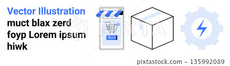 E-commerce, online shopping, logistics, packaging, automation, digital marketing. Storefront with a cart icon, shipping box gear with a bolt. E-commerce and logistics E-commerce, online shopping, logistics, packaging, automation, digital marketing. Storefront with a cart icon, shipping box gear with a bolt. E-commerce and logistics 135992089