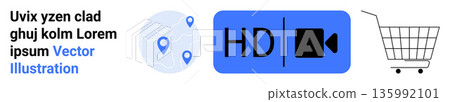 Navigation tools, e-commerce, streaming services, digital marketing, multimedia, online shopping. Blue location pins, HD video icon shopping cart outline. Navigation tools and e-commerce concept Navigation tools, e-commerce, streaming services, digital marketing, multimedia, online shopping. Blue location pins, HD video icon shopping cart outline. Navigation tools and e-commerce concept 135992101