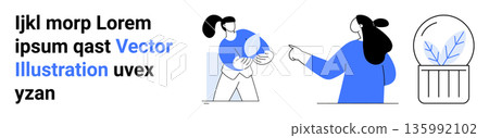 Collaboration, teamwork, communication, modern design, education, workflow. Two abstract figures interact, with a minimal plant in the background. Collaboration and teamwork concept 135992102