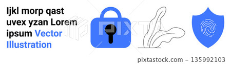 Data security, online protection, identity verification, information safety, cybersecurity, safe authentication. Blue lock, fingerprint shield abstract elements. Data security and online protection 135992103