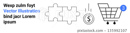 E-commerce, shopping, financial management, marketing, business strategy, online trade. Outline of a shopping cart with a badge, puzzle pieces and a coin. E-commerce and shopping concept E-commerce, shopping, financial management, marketing, business strategy, online trade. Outline of a shopping cart with a badge, puzzle pieces and a coin. E-commerce and shopping concept 135992107