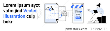 E-commerce, remote work, online maps, digital services, modern communication, work from home. Illustration features a map, a cart icon and a person on a laptop. E-commerce and remote work concepts 135992118