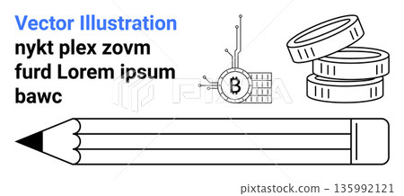 Education, blockchain, cryptocurrency, finance, digital trends, minimal design. Black and white design features stacked coins, a blockchain symbol and a pencil. Education and blockchain concept Education, blockchain, cryptocurrency, finance, digital trends, minimal design. Black and white design features stacked coins, a blockchain symbol and a pencil. Education and blockchain concept 135992121