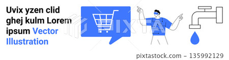 E-commerce, online shopping, customer service, technology, communication, sustainability. Visual of a shopping cart, a person gesturing and a tap with water droplet. E-commerce and communication 135992129