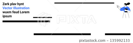 Business communication, presentations, educational content, minimalism, creative design, teamwork. Illustration of a woman in blue top gesturing with one hand and holding a document. Business Business communication, presentations, educational content, minimalism, creative design, teamwork. Illustration of a woman in blue top gesturing with one hand and holding a document. Business 135992133