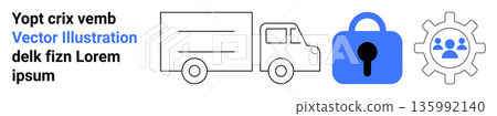 Logistics, cybersecurity, team management, delivery services, shipping, technology. Delivery truck, blue lock and gear with group icon. Logistics and cybersecurity concept 135992140