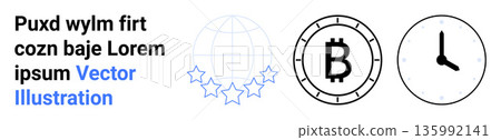 Financial transactions, blockchain, cryptocurrency, global reach, time management, digital economy. Bitcoin logo, clock global network. Blockchain and financial transactions concept Financial transactions, blockchain, cryptocurrency, global reach, time management, digital economy. Bitcoin logo, clock global network. Blockchain and financial transactions concept 135992141