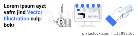 Financial innovation, e-commerce, cryptocurrency, online payments, blockchain, technology. Bitcoin symbol with circuitry, online store interface hand holding contactless card. Cryptocurrency Financial innovation, e-commerce, cryptocurrency, online payments, blockchain, technology. Bitcoin symbol with circuitry, online store interface hand holding contactless card. Cryptocurrency 135992163