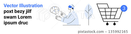 Virtual reality, neuroscience, environmental design, online shopping, e-commerce, technology. Person wearing VR headset pointing to brain, leaf icon shopping cart with number three. Virtual reality 135992165