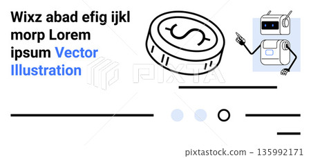 Financial technology, automation, AI education, cryptocurrency, programming tools, digital finance. Coin symbol and robot pointing at a screen. Financial technology and automation 135992171