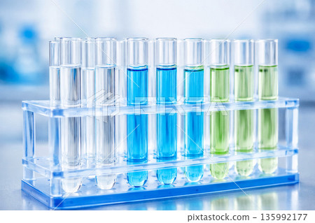 Glass laboratory test tubes with transparent liquid under cool blue light. Clean clinical precision, modern research mood, minimal scientific still life with copy space. Medical and laboratory concept 135992177