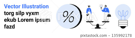 Decision-making, innovation, finance, creativity, problem-solving, teamwork. A percentage symbol, people on a scale and a glowing light bulb. Decision-making and innovation concepts 135992178