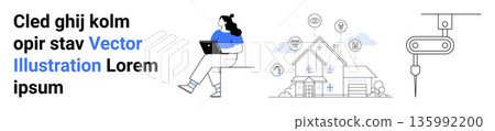 Remote work, smart homes, artificial intelligence, IoT connectivity, modern living, automation. Woman working on a laptop, smart home outline and robotic arm. Remote work and smart homes concept Remote work, smart homes, artificial intelligence, IoT connectivity, modern living, automation. Woman working on a laptop, smart home outline and robotic arm. Remote work and smart homes concept 135992200