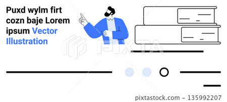 Education, knowledge sharing, business training, teaching, organization, data visualization. Man pointing with books and text. Education and knowledge sharing concepts visually Education, knowledge sharing, business training, teaching, organization, data visualization. Man pointing with books and text. Education and knowledge sharing concepts visually 135992207