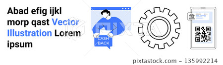 Cashback services, online validation, digital systems, tech innovation, identity security, mobile scanning. Man cashback, gear icon and phone with QR code. Cashback services and online validation Cashback services, online validation, digital systems, tech innovation, identity security, mobile scanning. Man cashback, gear icon and phone with QR code. Cashback services and online validation 135992214
