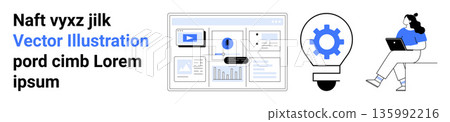 Data analysis, innovation, productivity, technology, remote work, idea generation. A dashboard, gear inside a lightbulb and woman with laptop. Data analysis and innovation concept Data analysis, innovation, productivity, technology, remote work, idea generation. A dashboard, gear inside a lightbulb and woman with laptop. Data analysis and innovation concept 135992216