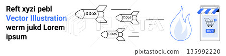 Cybersecurity, DDoS protection, online threats, network security, attack prevention, e-commerce. Three labeled missiles, fire symbol online store icon. Cybersecurity and DDoS protection concept 135992220