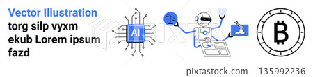 AI development, blockchain technology, cryptocurrency, robotics, digital automation, and future tech. AI chip, robot interacting with devices Bitcoin symbol . AI development and blockchain 135992236