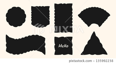 Abstract frame rectangle shapes, big text box set. Organic simple flat blob element. Wavy line zigzag irregular edge, black color curvy elements. Geometric modern funky graphic stamp 135992238