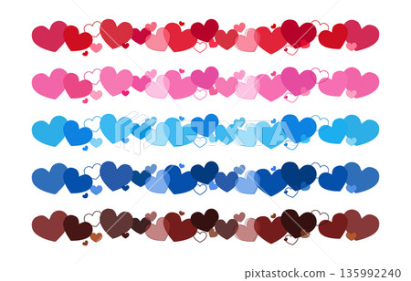 一組向量插圖，包含各種顏色的心形線條，包括紅色、粉紅色、淺藍色、藍色和棕色。 135992240