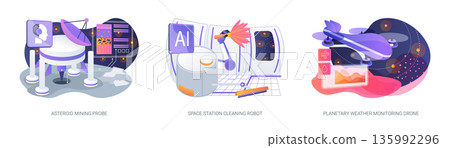 Autonomous Robots for Deep Space Tasks abstract concept vector illustrations. 135992296