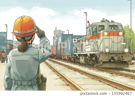 Female station staff checking before departure on the station platform | Illustration of railway safety and customer service 135992467