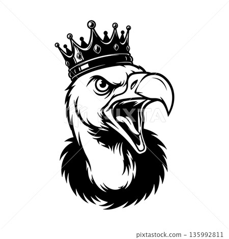 A bold black vector vulture head with open beak mascot wearing crown. A silhouette vulture Heads vector illustration 135992811