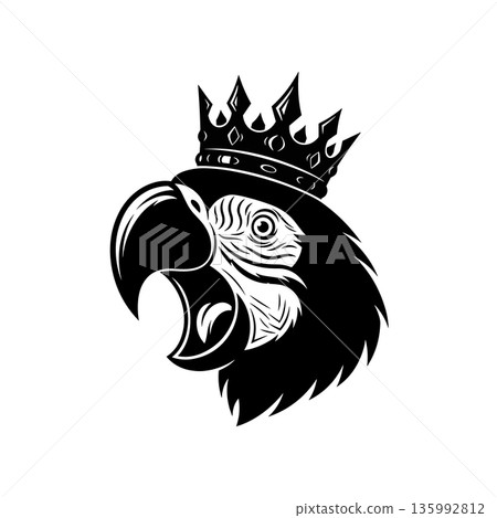 A bold black vector parrot head with open beak mascot wearing crown. A silhouette parrot Heads vector illustration 135992812