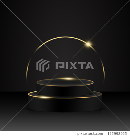 Round 3d black podium decorated with shiny golden rims and sparkling halo. A platform illuminated by spotlights. Vector illustration 135992935