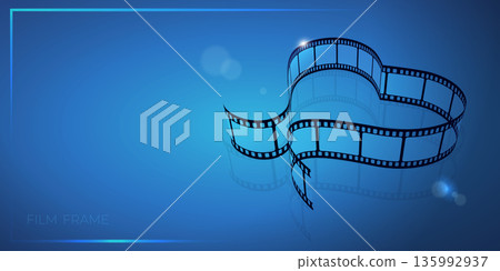 Film frame banner with filmstrip folded into a heart shape on blue background. Movie premiere template. Vector illustration Film frame banner with filmstrip folded into a heart shape on blue background. Movie premiere template. Vector illustration 135992937