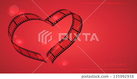Film frame template with heart shaped filmstrip on red background and flashlights. Movie premiere banner. Vector illustration Film frame template with heart shaped filmstrip on red background and flashlights. Movie premiere banner. Vector illustration 135992938