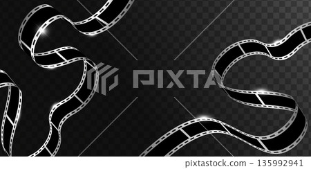 Long curvy silver filmstrips isolated on dark transparent background. Realistic silver film ribbons. Vector illustration Long curvy silver filmstrips isolated on dark transparent background. Realistic silver film ribbons. Vector illustration 135992941