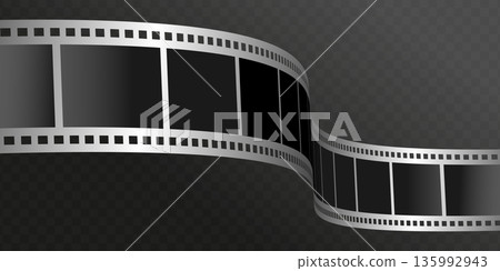 Long curved movie filmstrip in perspective on dark transparent background. Realistic silver film tape ribbon. Vector illustration Long curved movie filmstrip in perspective on dark transparent background. Realistic silver film tape ribbon. Vector illustration 135992943