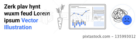 Data analytics, work-life balance, mental health, productivity, decision-making, wellbeing. A chart, carrot drawing and sad face with scribbles. Data analytics and work-life balance theme 135993012
