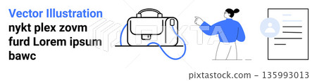 Professional communication, business tools, education, remote work, modern design, human interaction. Minimalist briefcase, pointing woman document icons. Business tools and communication concepts 135993013