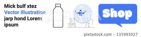 E-commerce, marketing collateral, fitness products, branding, advertising, online retail design. Scene includes a bottle, person with weights and shop speech bubble. E-commerce and marketing E-commerce, marketing collateral, fitness products, branding, advertising, online retail design. Scene includes a bottle, person with weights and shop speech bubble. E-commerce and marketing 135993027