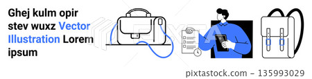 Business organization, work tools, education, office essentials, personal gear, task management. Includes a briefcase, clipboard with a checklist a person and a backpack. Business organization Business organization, work tools, education, office essentials, personal gear, task management. Includes a briefcase, clipboard with a checklist a person and a backpack. Business organization 135993029