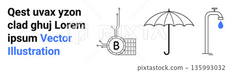 Cryptocurrency, blockchain technology, digital finance, weather protection, sustainability, water conservation. Line art of Bitcoin, umbrella and water tap with water droplet. Cryptocurrency Cryptocurrency, blockchain technology, digital finance, weather protection, sustainability, water conservation. Line art of Bitcoin, umbrella and water tap with water droplet. Cryptocurrency 135993032