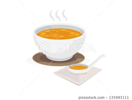 Hot vegetable soup. Bowls with soup isolated on white background stock illustration 135993111