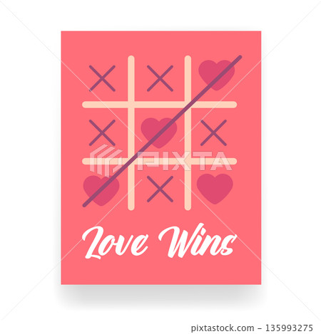 Love Wins tic-tac-toe game poster with pink hearts, romantic Valentine s Day greeting card design or wedding invitation template on pink background 135993275