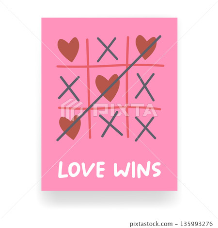 Love Wins tic-tac-toe game poster with pink hearts, romantic Valentine s Day greeting card design or wedding invitation template on pink background Love Wins tic-tac-toe game poster with pink hearts, romantic Valentine s Day greeting card design or wedding invitation template on pink background 135993276