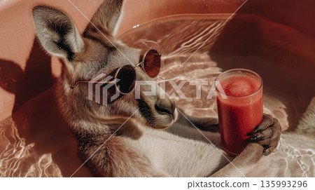 Relaxing Kangaroo in Pool with Sunglasses and Drink Enjoying Leisurely Resort Vibe Relaxing Kangaroo in Pool with Sunglasses and Drink Enjoying Leisurely Resort Vibe 135993296
