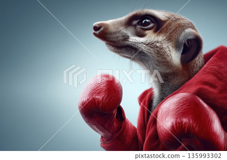 Photorealistic Portrait of a Meerkat Wearing Red Boxing Gloves in a Unique Pose Photorealistic Portrait of a Meerkat Wearing Red Boxing Gloves in a Unique Pose 135993302