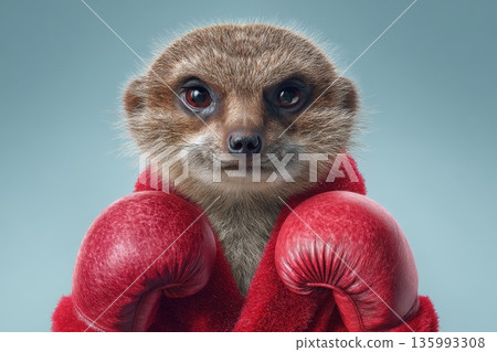 Photorealistic Portrait of a Meerkat Wearing a Red Jacket and Boxing Gloves Photorealistic Portrait of a Meerkat Wearing a Red Jacket and Boxing Gloves 135993308