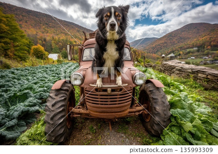 Vintage Rusty Tractor with a Dog on Top Surrounded by Lush Green Foliage in Autumn Landscape Vintage Rusty Tractor with a Dog on Top Surrounded by Lush Green Foliage in Autumn Landscape 135993309