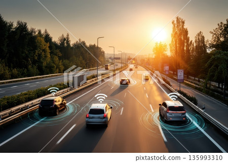 Futuristic Highway Scene in Sunlit Summer Environment with AI Technology and Vehicles Futuristic Highway Scene in Sunlit Summer Environment with AI Technology and Vehicles 135993310
