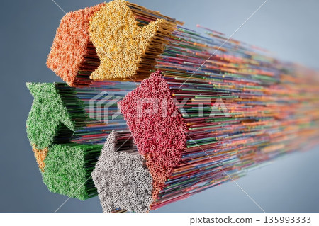 Stylized Recycle Symbol Made of Colorful Glass Fiber Representing Sustainability and Innovation 135993333
